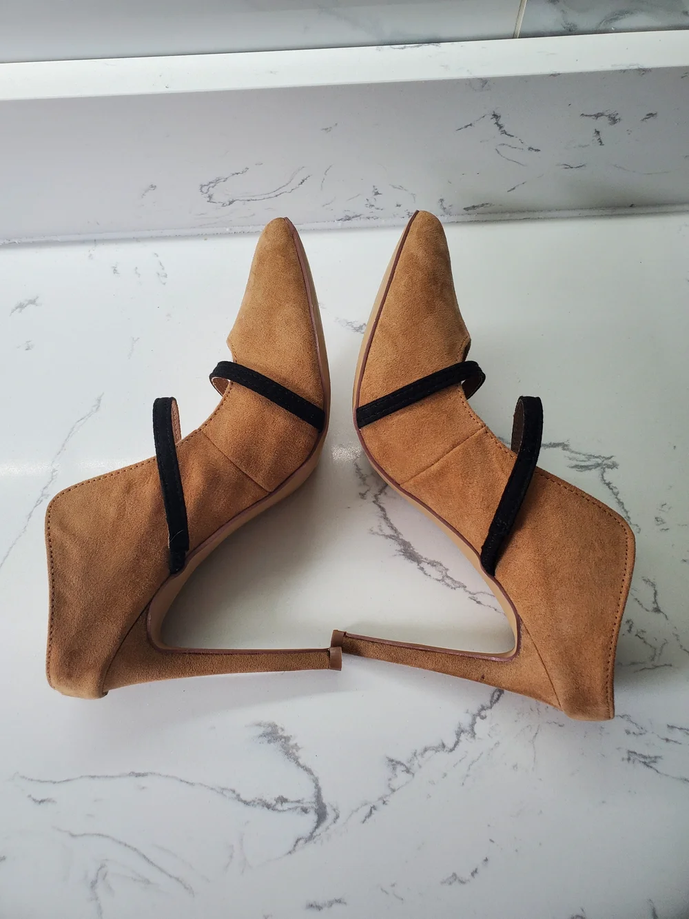 Lulus Suede Pointed Toe High Heels with Black Strap - Tan US7